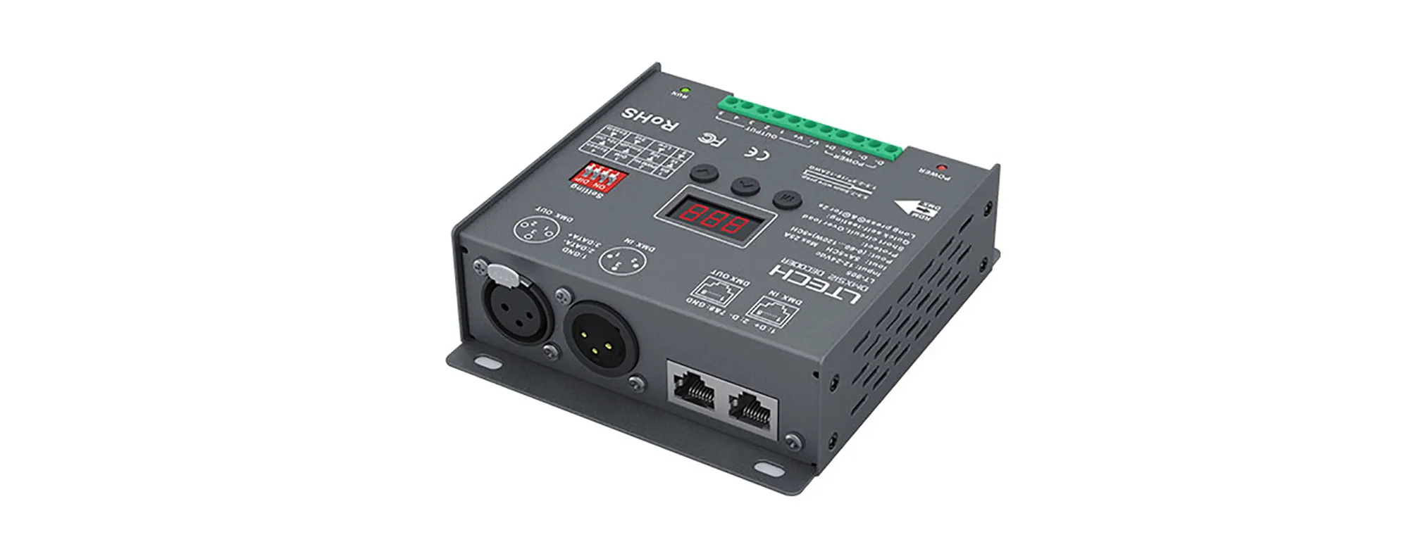 905  5Ch 5A CV DMX Decoder, 600W Max.Power, XLR & RJ45 Port, 8/16bit Grey level, Self testing, IP20.